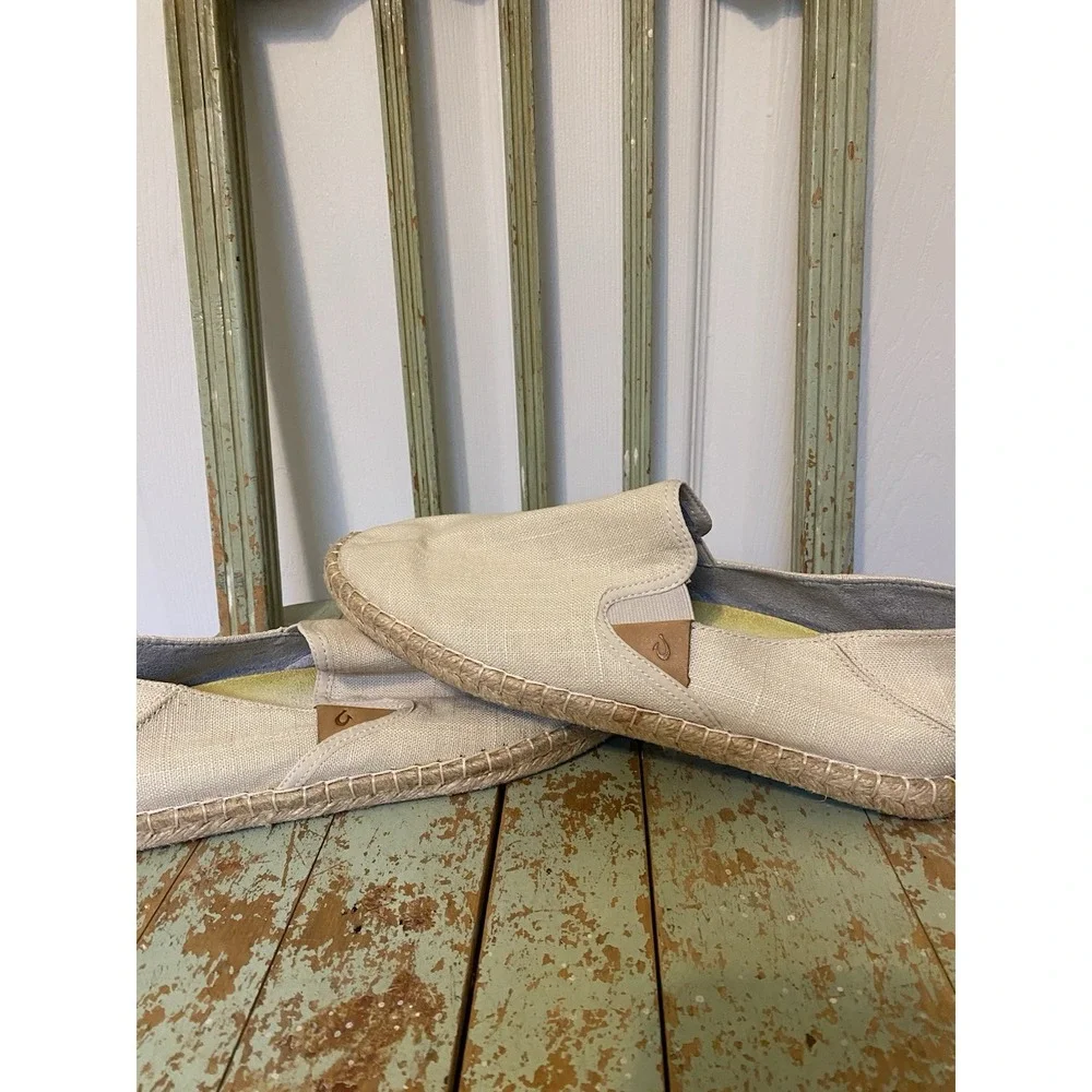 Olukai Women's Kaula Pa'a Kapa Linen Espadrilles slip on shoe Size 11 Beige EUC